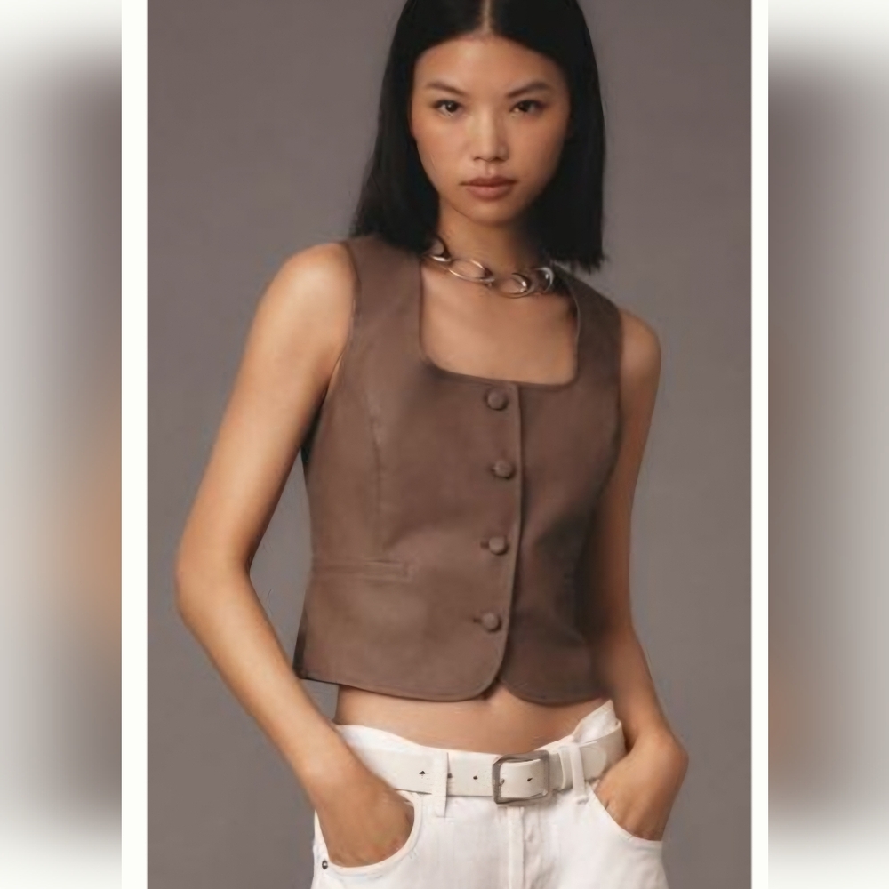 NWT Anthropologie Flat White Taupe Faux Leather Vest - Women's Size XL